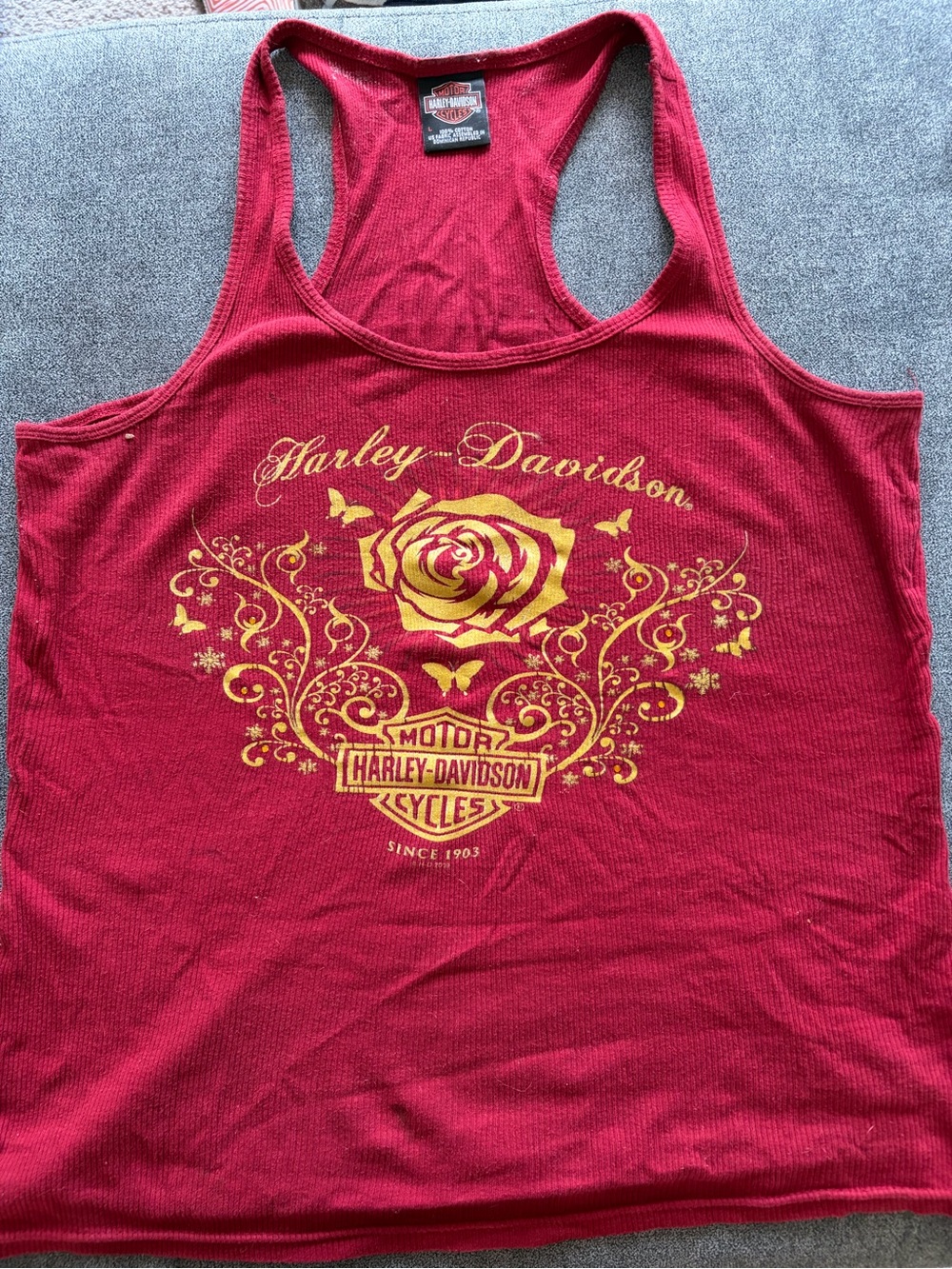 Harley-Davidson Women's Red Tank Top with Gold Rose Graphic